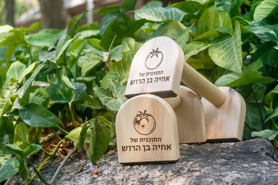 זוג מקבילוני עץ חרוטים בלוגו התוכנית של אחיה בן הרוש, מונחים על סלע בין עלים ירוקים